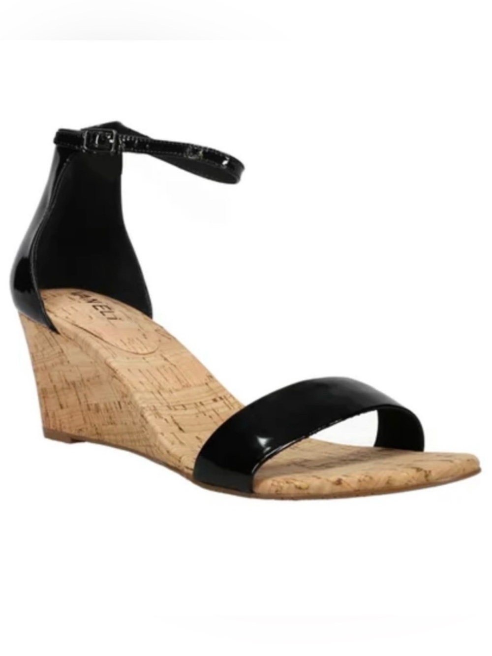 Vaneli Black Patent Cork Wedge Sandals with Ankle Strap women’s size 8